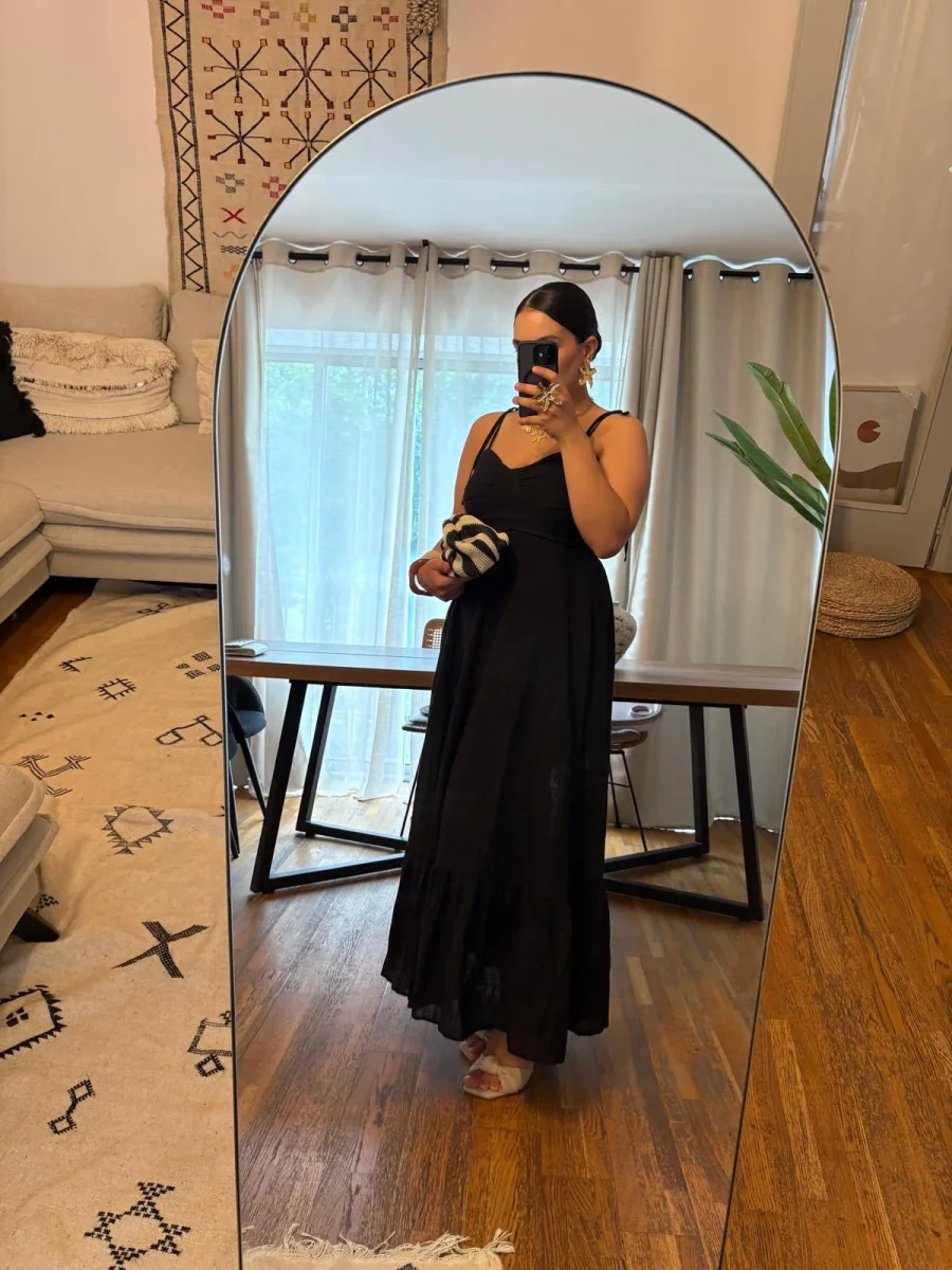 Robe Noire en Lin à Bretelles Nouées – Longueur Midi - Image 3