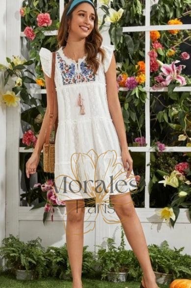 Robe Courte Blanche Brodée Bohème – Image 4