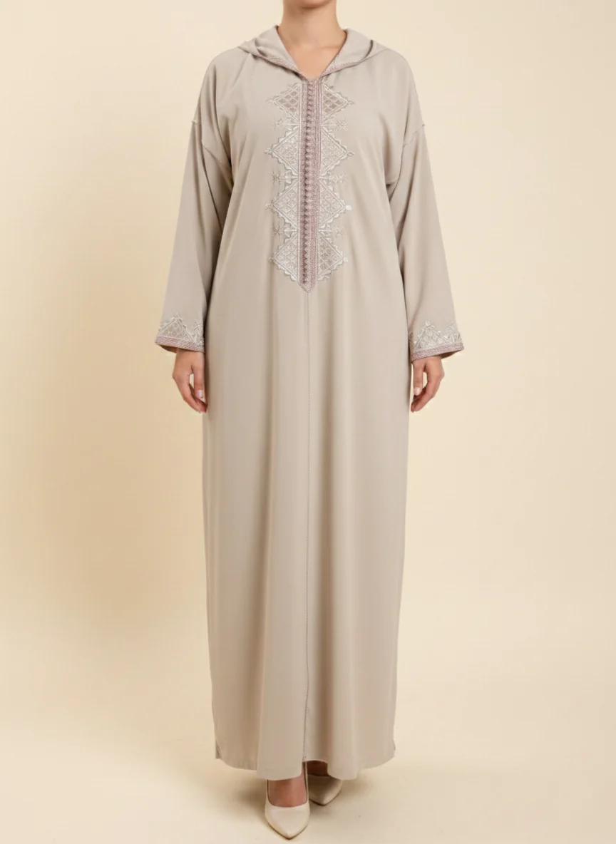 Jellaba en crêpe avec broderie Beige - Image 3
