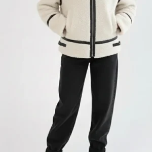 Veste biker en mouton retourné avec finitions cuir