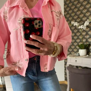 VESTE FLEURS BRODEES TU 36/44 ROSE