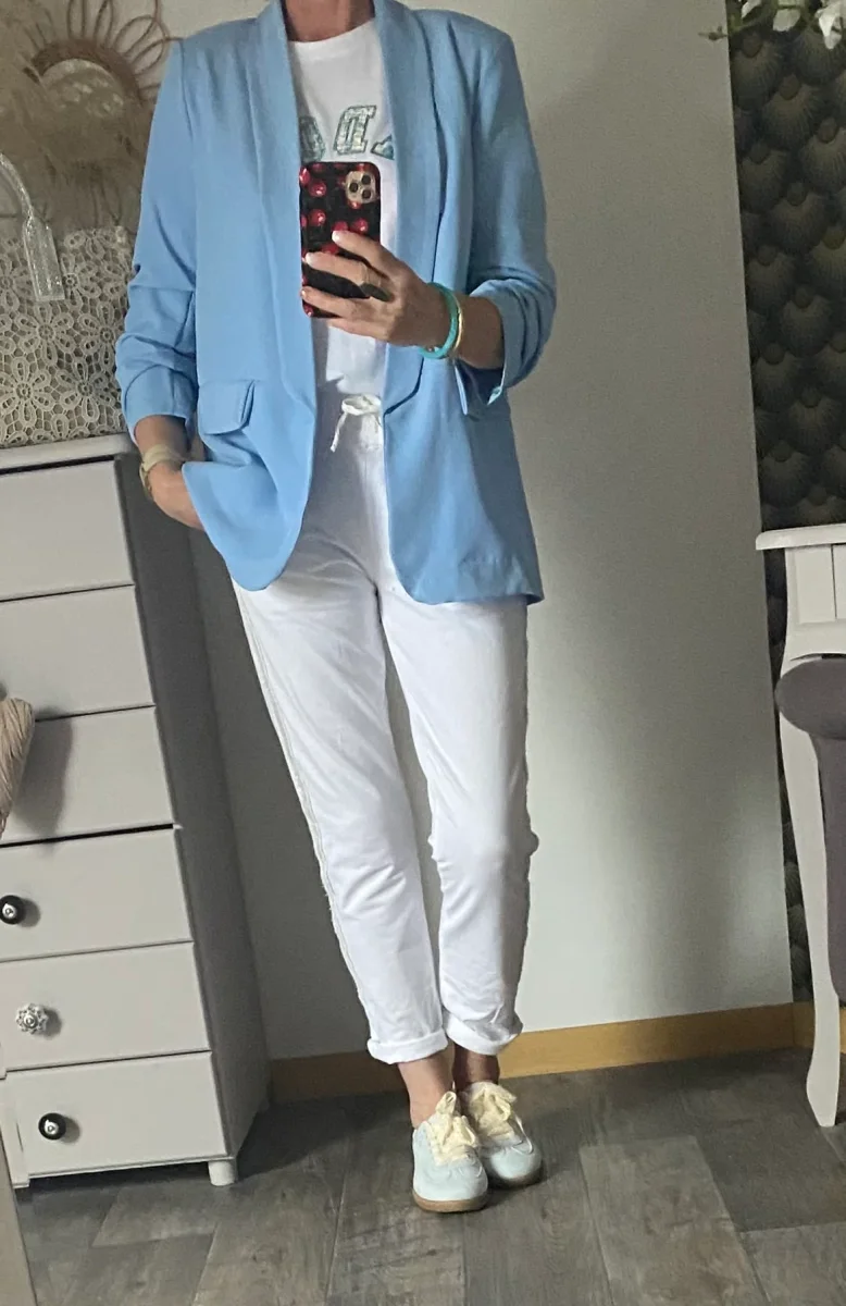 VESTE BLAZER MANCHES TROIS QUART PLISSE BLEU CIEL TU 36/42 – Image 6