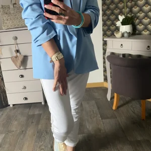 VESTE BLAZER MANCHES TROIS QUART  PLISSE  BLEU CIEL   TU 36/42