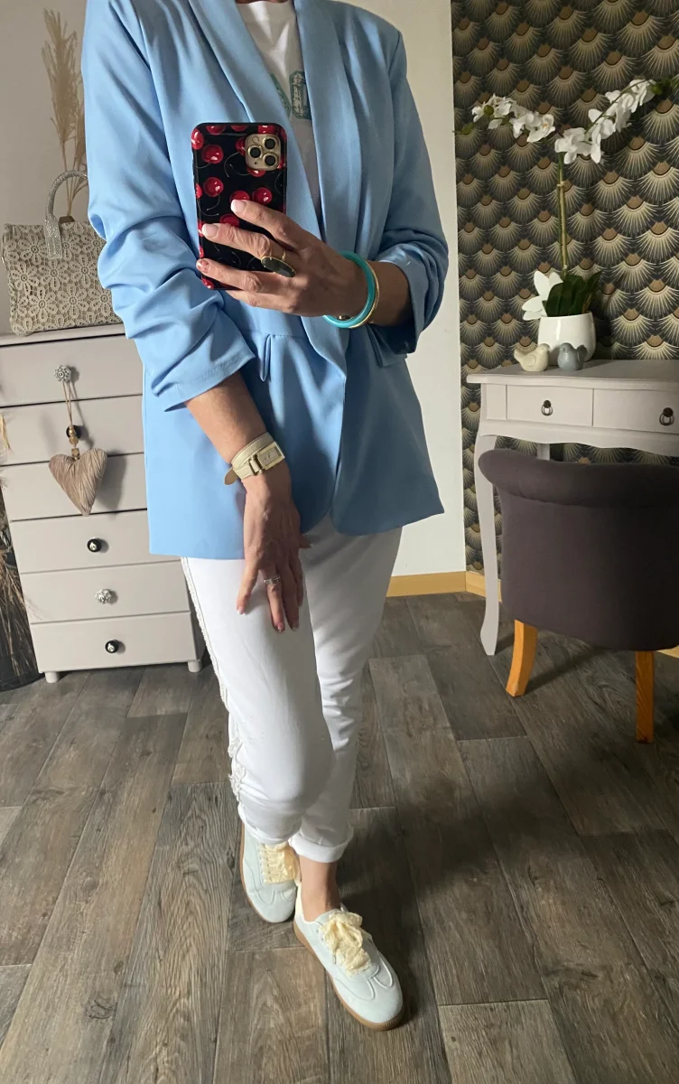 VESTE BLAZER MANCHES TROIS QUART PLISSE BLEU CIEL TU 36/42 – Image 2