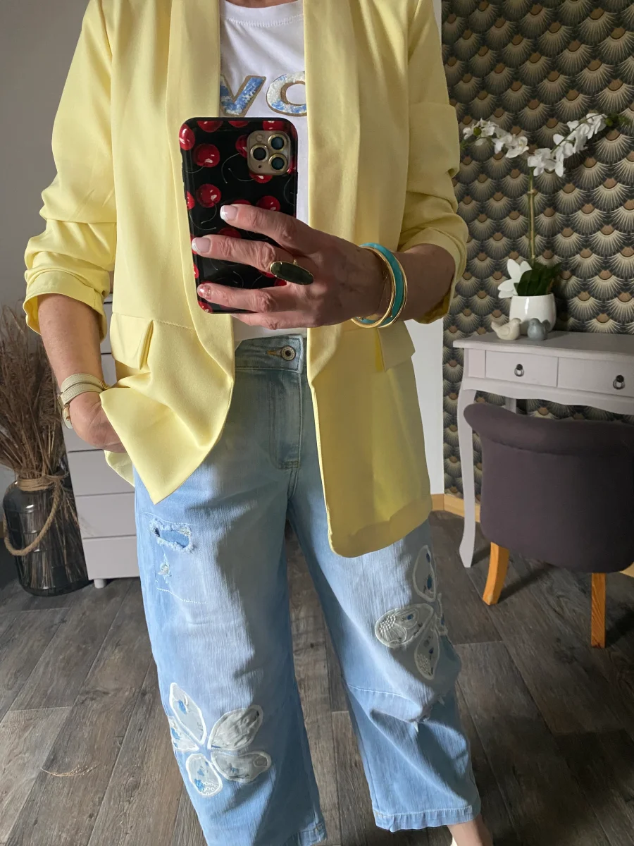 VESTE BLAZER MANCHES TROIS QUART PLISSE JAUNE PALE TU 36/42 – Image 6