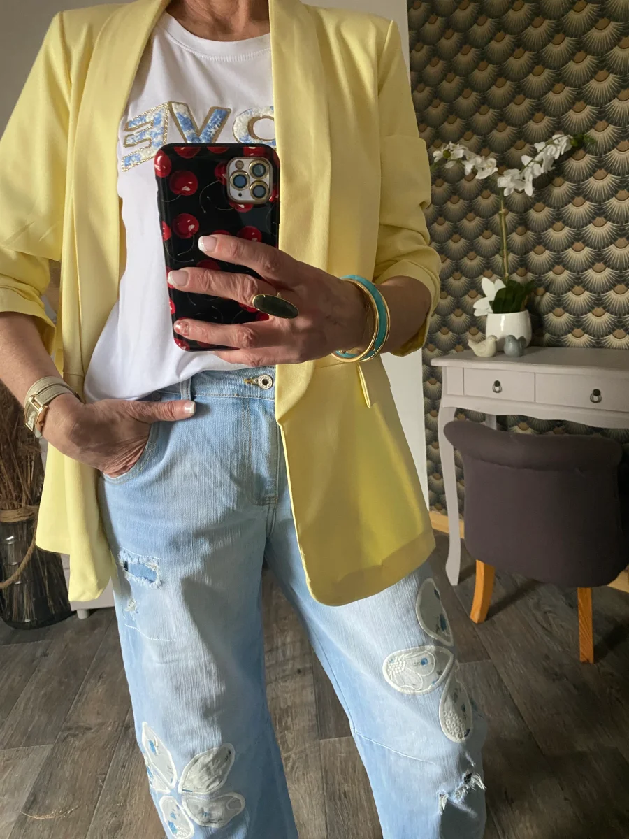 VESTE BLAZER MANCHES TROIS QUART PLISSE JAUNE PALE TU 36/42 – Image 5