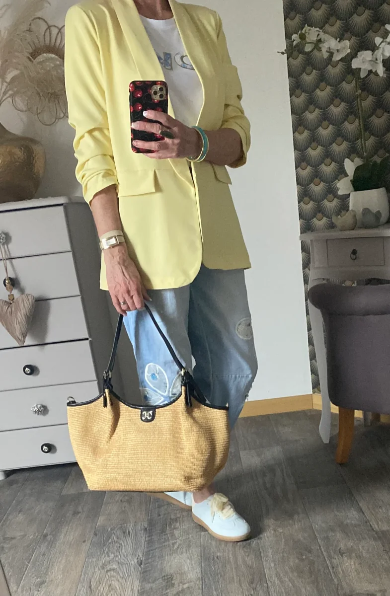 VESTE BLAZER MANCHES TROIS QUART PLISSE JAUNE PALE TU 36/42