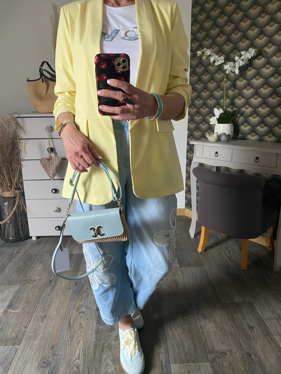 VESTE BLAZER MANCHES TROIS QUART PLISSE JAUNE PALE TU 36/42 – Image 8