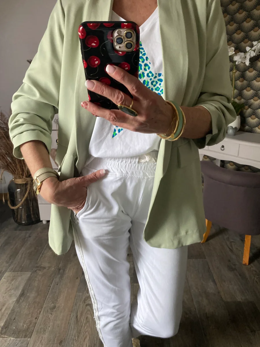 VESTE BLAZER MANCHES TROIS QUART PLISSE VERT AMANDE TU 36/42 – Image 3