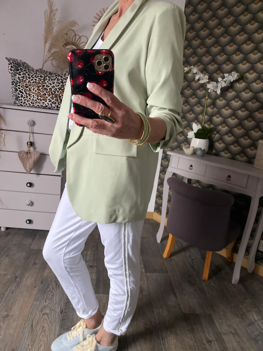 VESTE BLAZER MANCHES TROIS QUART PLISSE VERT AMANDE TU 36/42 – Image 6