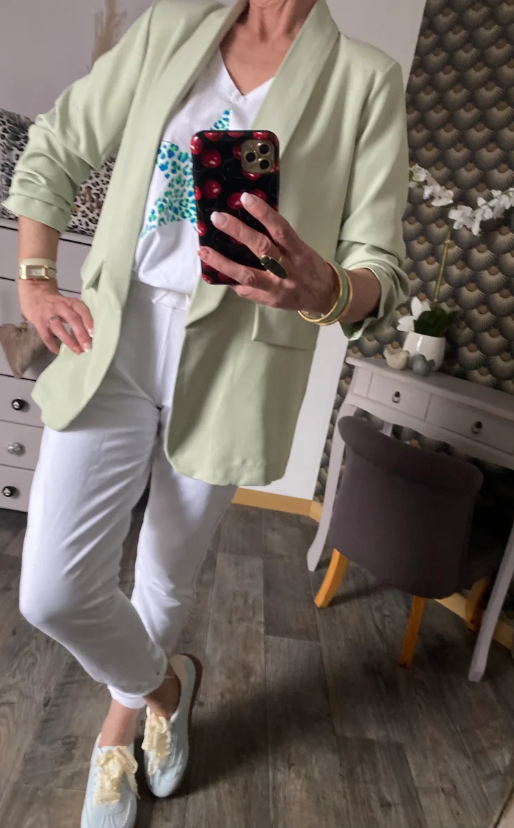 VESTE BLAZER MANCHES TROIS QUART PLISSE VERT AMANDE TU 36/42 – Image 5
