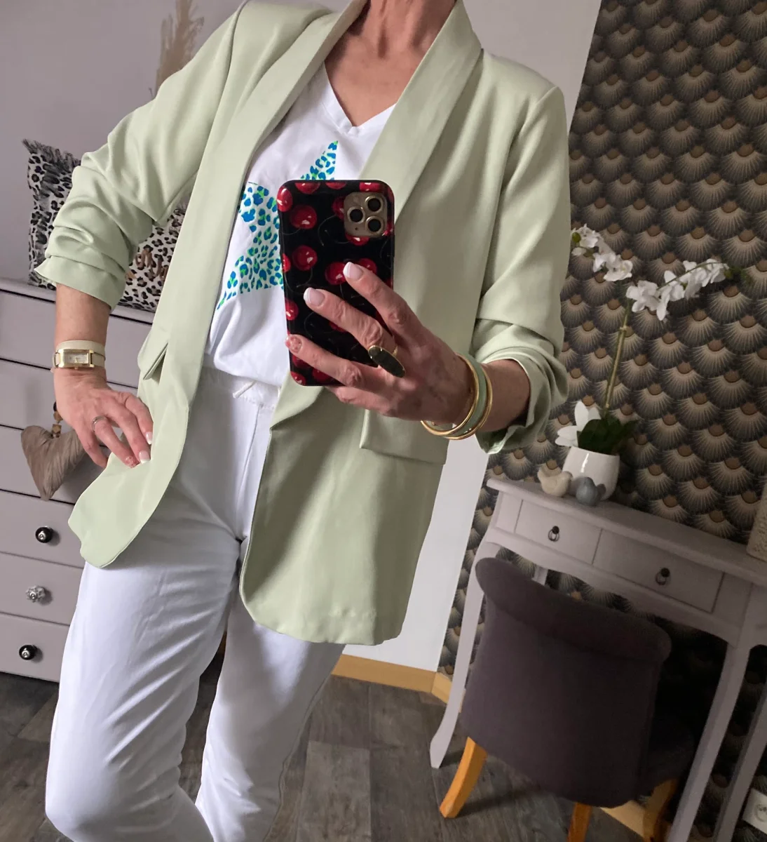 VESTE BLAZER MANCHES TROIS QUART PLISSE VERT AMANDE TU 36/42