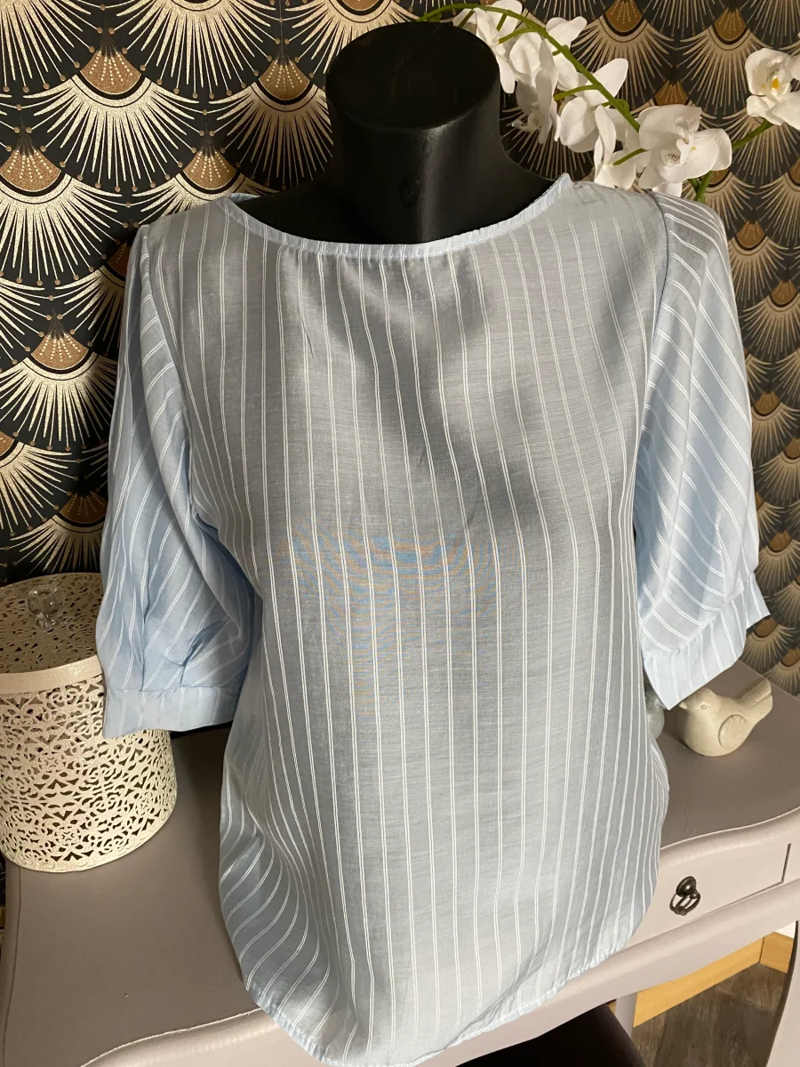 TOP CORINNE FINES RAYURES BLEU TU 34/40 LYOCEL – Image 2