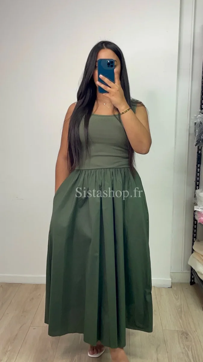 Robe bi-matière kaki Zahra