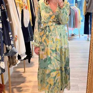 Robe longue imprimée jaune et vert