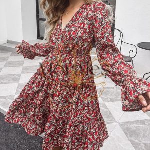 Robe Courte À Manches Longues Rouge