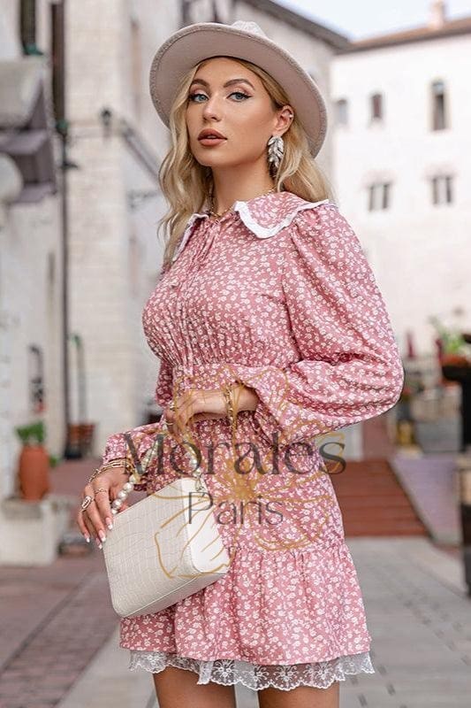 Robe Rose À Fleurs Avec Manches Bouffantes Pour Femme - Image 3