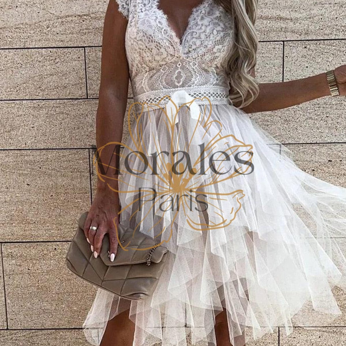 Robe courte blanche bohémienne plissée en dentelle – Image 5