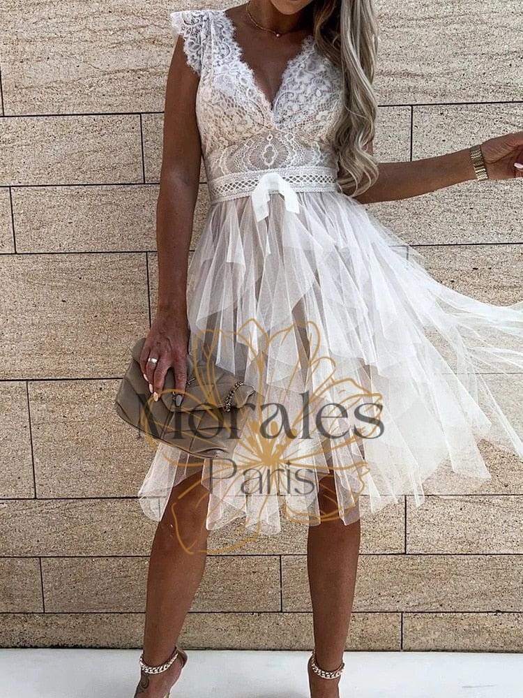 Robe courte blanche bohémienne plissée en dentelle – Image 6