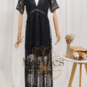 Robe Longue Bohème Noire en Dentelle – Hanaé