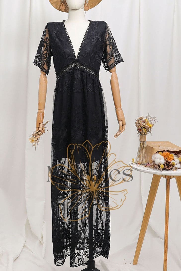 Robe Longue Bohème Noire en Dentelle – Hanaé - Image 2