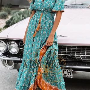 Robe Longue Bohème Turquoise Indienne – Hazel
