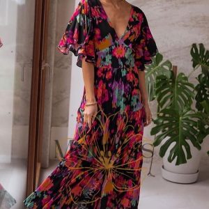 Robe Longue Manche Courte Bohème – Faustine