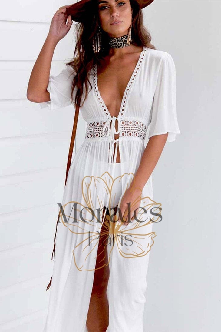 Robe Plage Blanche Bohème – Rosa - Image 4