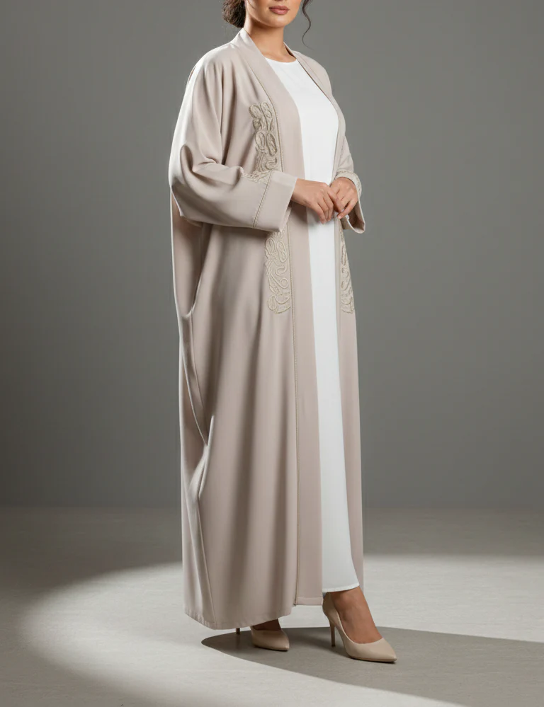 Abaya Kimono Beige avec broderie - Image 4