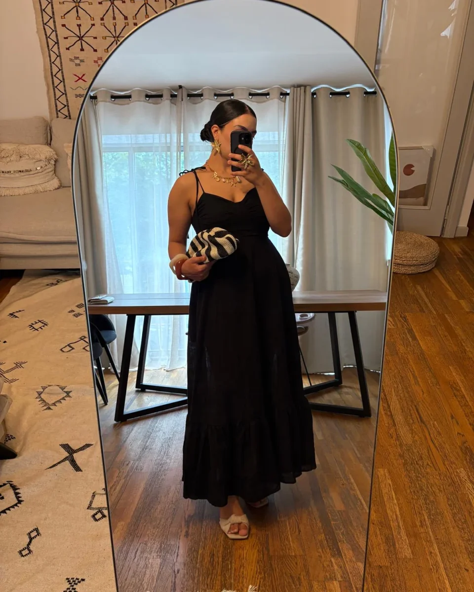 Robe Noire en Lin à Bretelles Nouées – Longueur Midi - Image 2