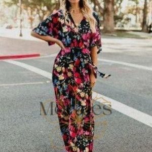 Robe Longue Bohème Noire Fleurie