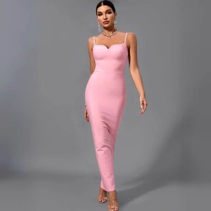 Robe Fine Bretelle Longue Satin Rose