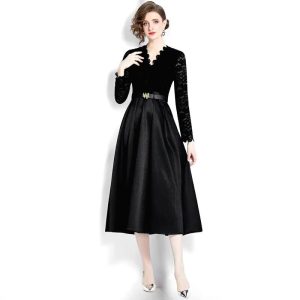 Robe Noir Ceinture Satin