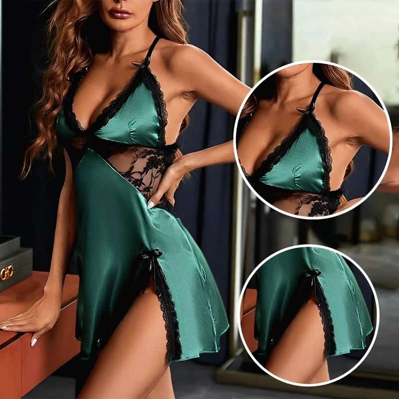 Robe Nuisette Satin Vert - Image 4