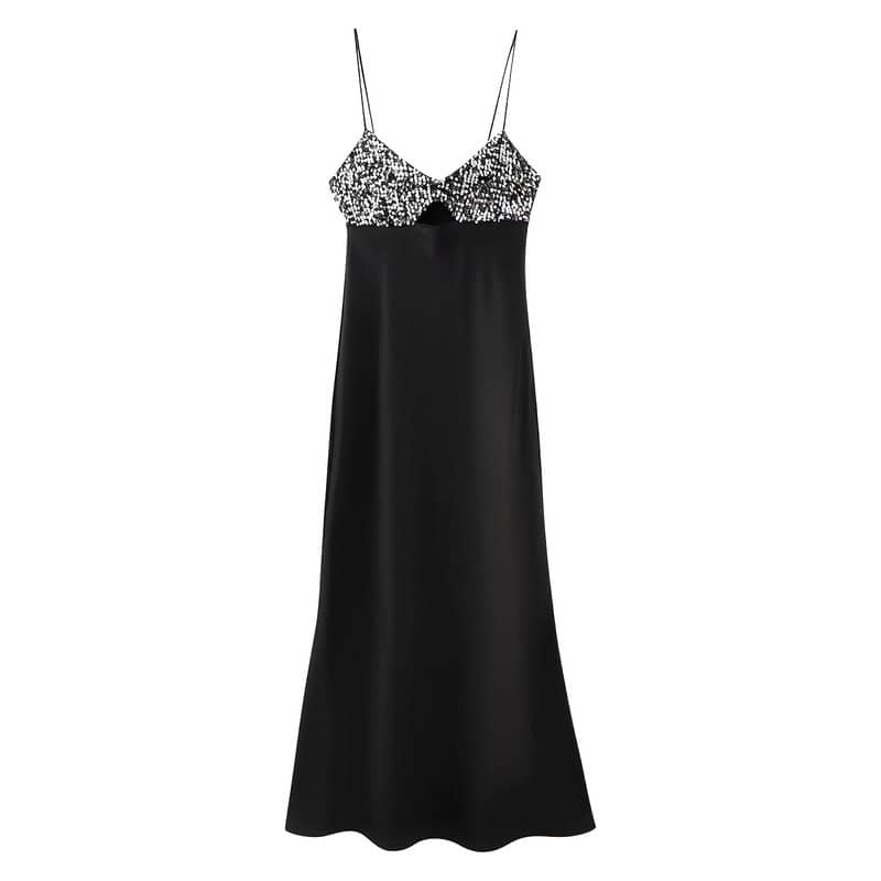 Robe Satin Noir Bretelle Strass – Image 5