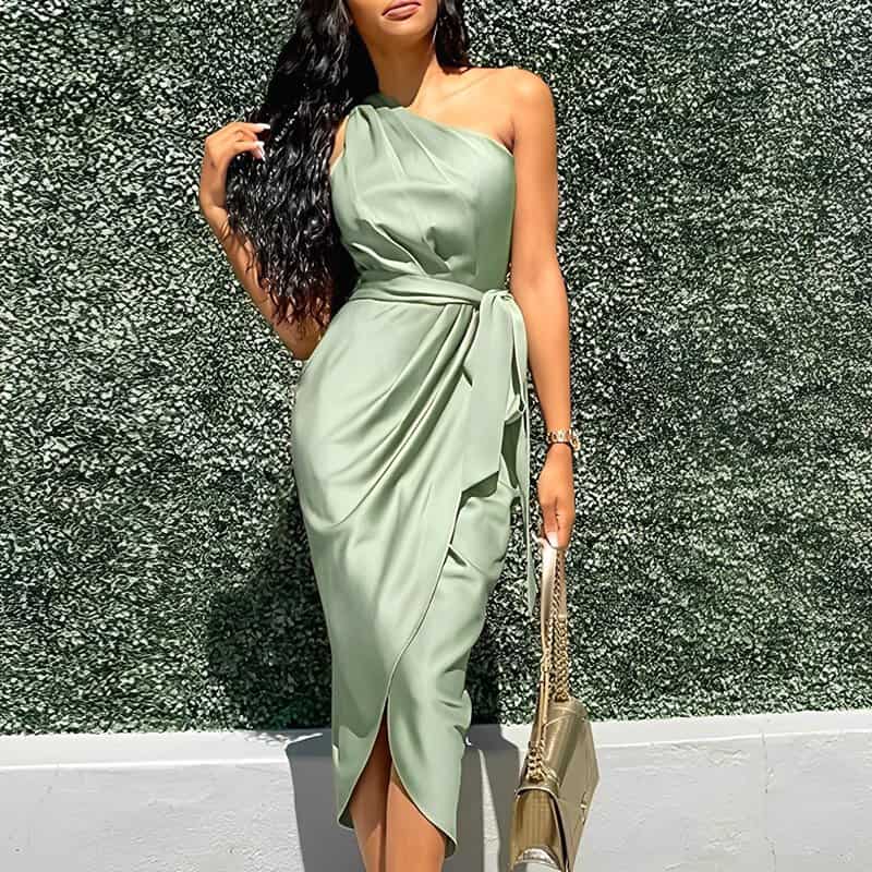 Robe Satin Vert Olive – Image 2