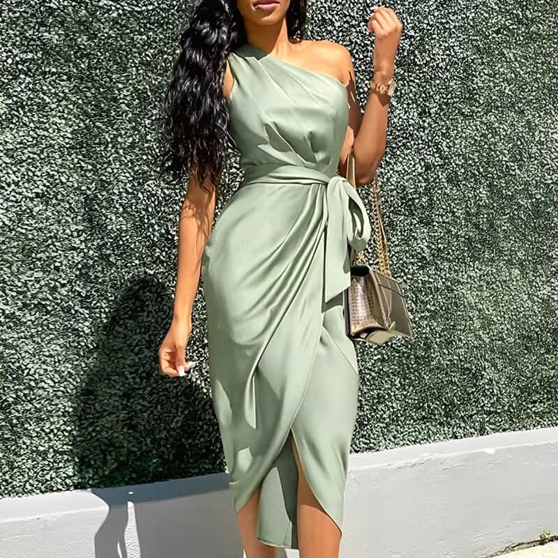 Robe Satin Vert Olive – Image 3