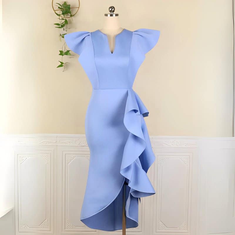Robe Volant Satin Bleu Année 60 – Image 5